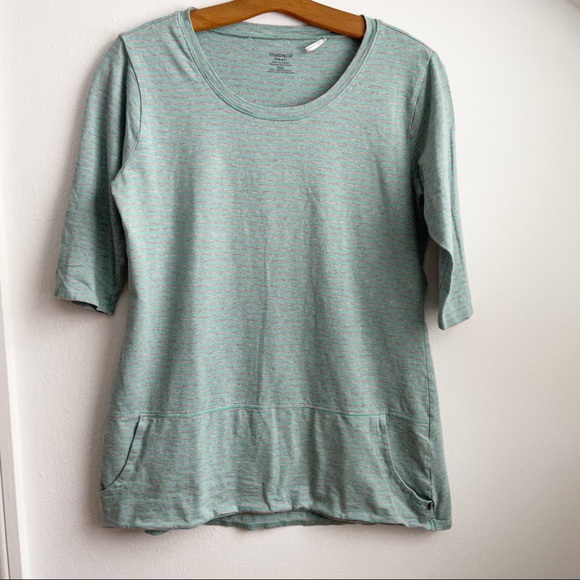 Toad&Co Gray Green Stripe Half Sleeve T-Shirt Tee Top Front Pocket Size S - Picture 1 of 6